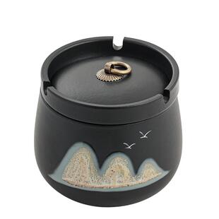 万里山河烟灰缸带盖家用客厅防飞灰商用高级感创意陶瓷漏斗大烟缸