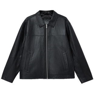 杰克琼斯男装夹克春季新款时尚皮标简约纯色翻领真皮外套常规上衣