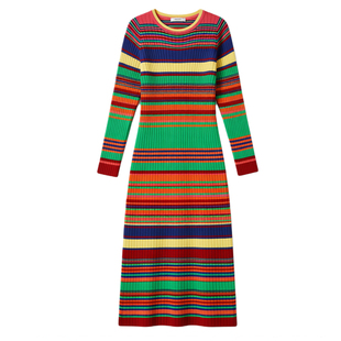 针织连衣裙女秋冬时尚高级感彩虹条纹修身配大衣的内搭打底裙过膝