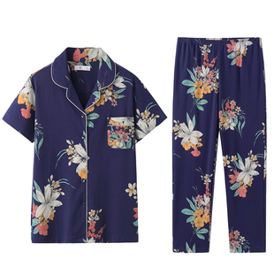 睡衣女夏季薄款纯棉短袖长裤两件套装全棉大码新款春夏天居家居服