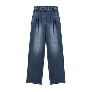 COLINWANG-COLIN JEANS系列|复古设计感双褶裥长绒棉阔腿牛仔裤