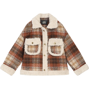 妖精的口袋仿毛绒格纹拼接夹棉短款毛呢外套女2025年冬新款厚外套