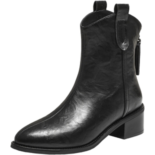 TATA他她靴子2025冬季新款西部靴复古女鞋休闲黑色短筒靴UVF01DZ5