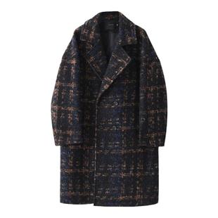中长款仿羊毛呢子大衣男士冬季宽松双排扣中长款格子呢大衣外套潮