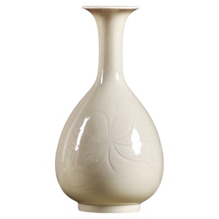 定窑曲阳原产地摆件花瓶白定梅瓶玉壶春瓶黄釉黑定刻花莲纹单只