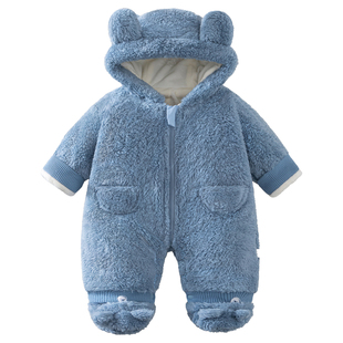 男宝宝毛绒拉链连体衣冬款男孩蓝色衣服婴儿暖和冬装棉服外出棉衣