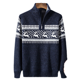 古着毛衣男秋冬季加绒加厚保暖半高拉链针织衫立领上衣提花毛线衣