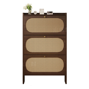 全实木超薄中古风藤编鞋柜家用门口收纳柜极窄翻斗新型入户玄关柜