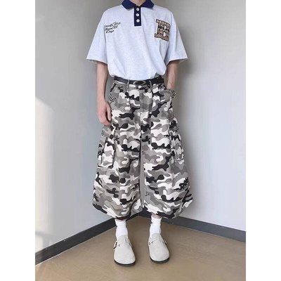 美式覆古奶牛迷彩工装牛仔裤2025夏季阔腿直筒宽松休闲七分短裤潮