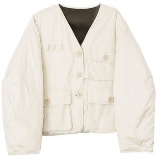 鹿与飞鸟清爽盐系风!两面穿极简工装口袋小个子短款羽绒服5535