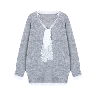 灰色V领套头蕾丝拼接假两件毛衣女秋冬大码宽松慵懒风针织衫上衣