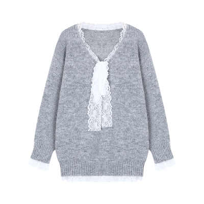 灰色V领套头蕾丝拼接假两件毛衣女秋冬大码宽松慵懒风针织衫上衣