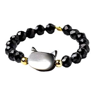 猫咪戒指女尖晶石猫头尾戒东海水晶素圈情侣闺蜜对戒玉黑尖晶戒指