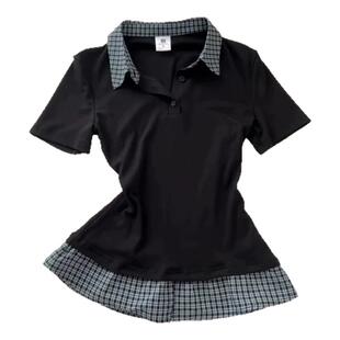 格子拼接假两件polo领短袖t恤女夏季设计感小众修身显瘦短款上衣