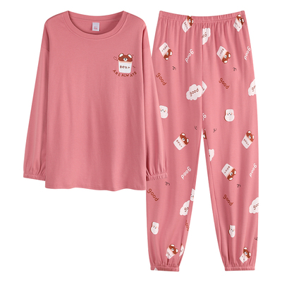 100%纯棉长袖加厚睡衣女秋冬季可外穿大码简约甜美宽松圆领家居服