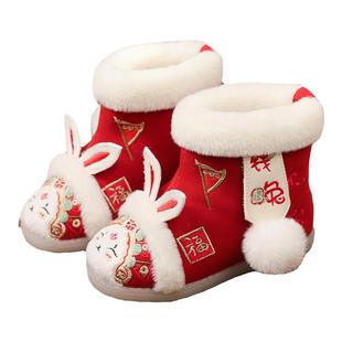 汉服鞋女童冬季小兔中式雪地靴子手工宝宝古风加绒棉鞋儿童绣花鞋