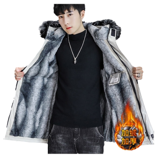 派克服男款加绒加厚中长款潮流男士冬季外套连帽潮流棉衣保暖棉服