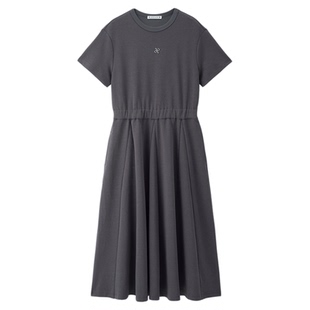 设计师款佐丹奴假两件连衣裙女金属装饰灰色短袖收腰裙子18465926