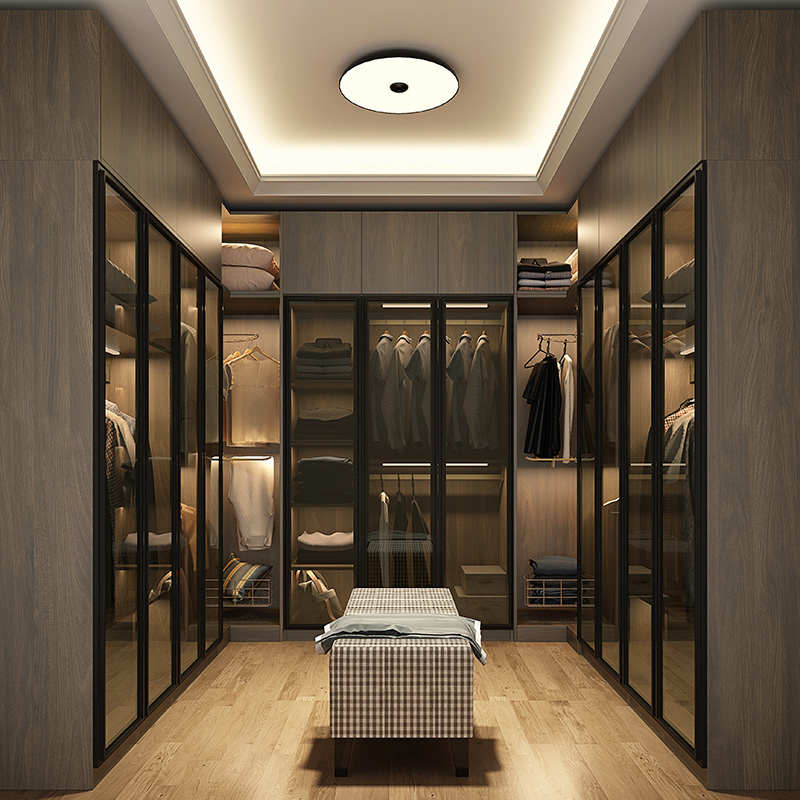 北欧玻璃门转角推拉门衣柜带梳妆台书桌一体组合卧室实木衣帽间