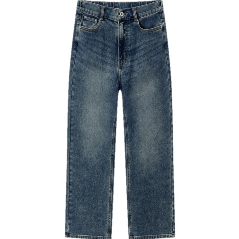 森柔牛仔|森马牛仔裤女抓毛长裤女生冬季半松紧腰直筒裤美式休闲