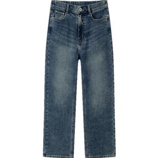 森柔牛仔|森马牛仔裤女抓毛长裤女生冬季半松紧腰直筒裤美式休闲