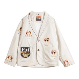 马登工装美式休闲平驳领西装印花外套白色西服纯棉长袖衬衫男款春