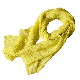 春秋季亚麻围巾文艺肌理褶皱姜黄色棉麻围巾柠檬黄芥末黄色丝巾