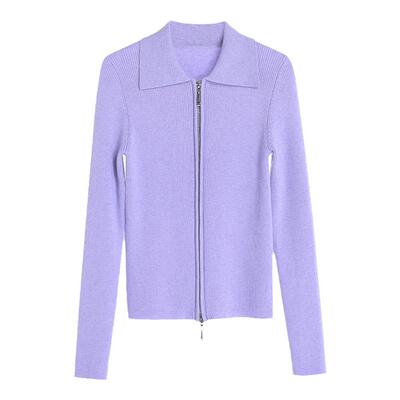 易菲简约翻领修身针织开衫