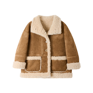 OPCP儿童羊羔毛外套冬季新款女童麂皮绒皮毛一体机车服男童皮衣