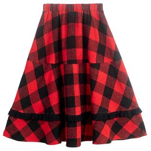 KEIKO 复古红黑拼格纹半身裙26春季优雅蕾丝花边高腰A字遮肉伞裙