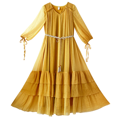 复古V领连衣裙女春季宽松大摆裙