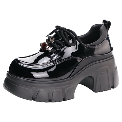 康莉厚底系带牛漆皮串珠乐福女鞋