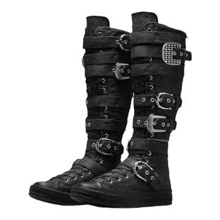 金属扣平底长筒帆布靴2026春夏新款牛仔布时装靴低跟辣妹高筒靴女