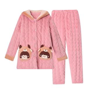 睡衣女冬珊瑚绒加厚家居服三层夹棉袄中长款加绒保暖大码女士套装