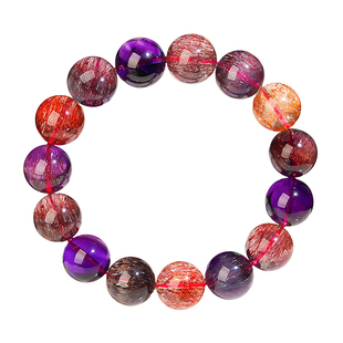 天然紫发晶手链男女士金草莓晶黑加仑超七三轮骨干彩发晶水晶手串