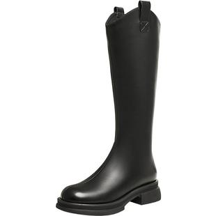 天美意厚底V口加绒骑士靴长靴女鞋子高筒时装靴冬季新款BH641DG5