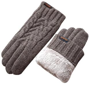 歌诺达男女冬季加绒保暖露指触屏手套双层加厚纯羊毛毛线针织开车