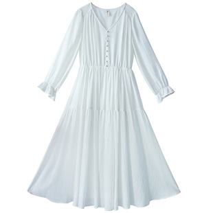 【云淡秋空】高腰长袖连衣裙女2025春季新款白色修身减龄大摆长裙