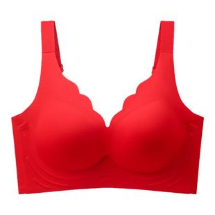 隐形杯95D红色本命年内衣女大胸显小上托防下垂无痕一片式文胸罩