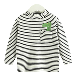 [发热]齐齐熊宝宝打底衫秋冬男童保暖内衣条纹半高领上衣儿童T恤