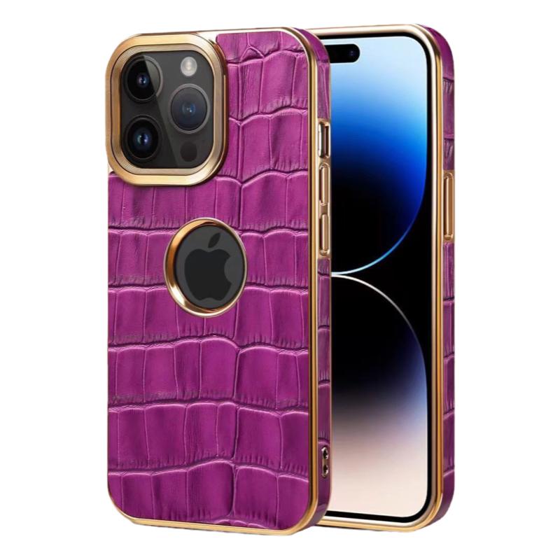 适用苹果17Promax鳄鱼纹真皮手机壳iPhone16/15/14Pro电镀边框全包保护套13/12/12PRO电镀时