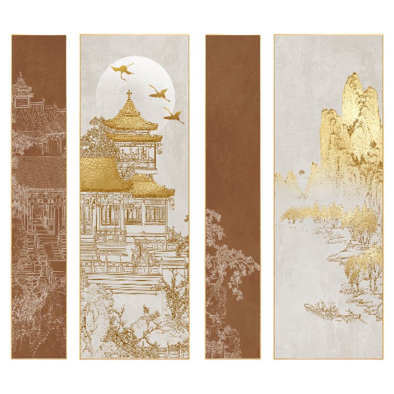 客厅新中式装饰画四联楼阁