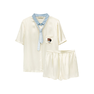 查理小狗』桑罗条纹领带短袖真丝睡衣套装100%桑蚕丝女家居服外穿