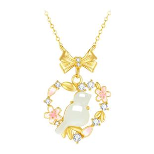 周大生喜鹊和田玉蝴蝶结项链纯银女生国风锁骨链生日礼物送女友