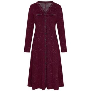 马天奴新款深红色V领排扣收腰星点提花连衣裙针织裙长裙礼裙宴会