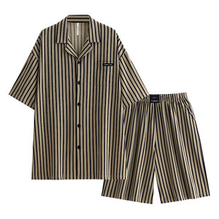 悦内睡衣男士款夏季纯棉短袖短裤家居服夏天夏款时尚条纹开衫套装