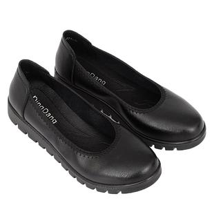 黑色平底加厚鞋底松糕底圆头松紧带上班工作鞋女式妈妈女鞋光面