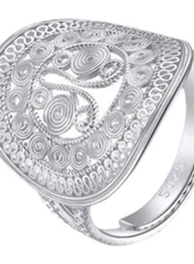 清仓！S925纯银韩版镂空蕾丝蝴蝶花纹戒指宽面小众设计女时尚指环