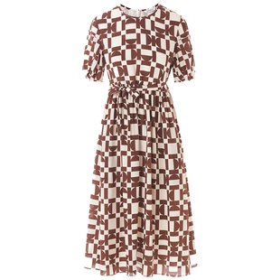 【真丝】LANCY/朗姿24夏季新款法式几何印花连衣裙优雅收腰裙子女