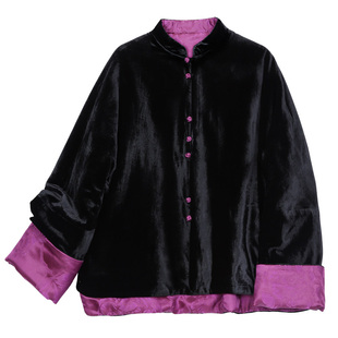 菲伊唐中式复古宽松真丝绒外套两面穿夹棉红云纱提花唐装冬女上衣